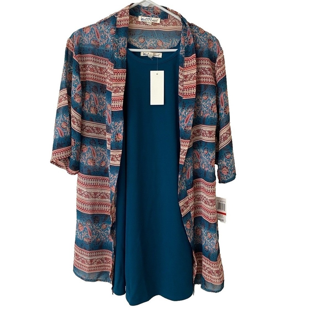 WallFlower Dress & Kimono Set Womens XS Teal Paisley Boho 2-Piece W9U08732Z